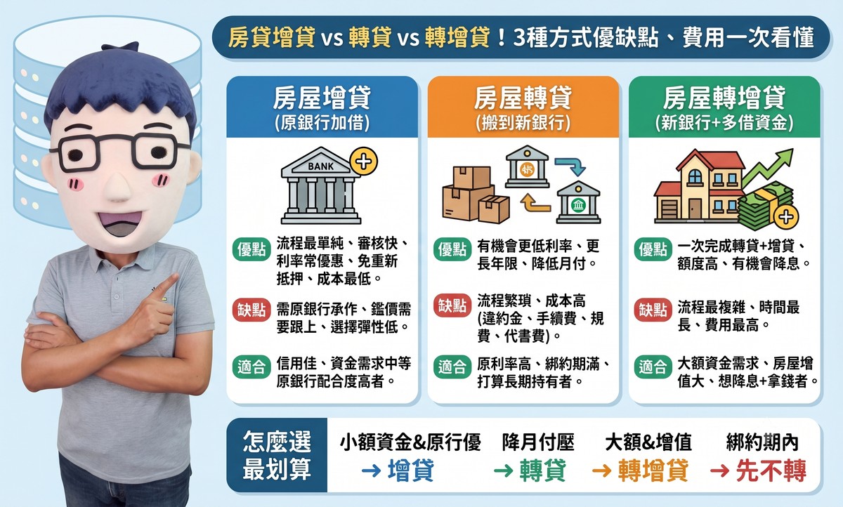 房貸增貸 vs 轉貸 vs 轉增貸！3種方式優缺點、費用一次看懂