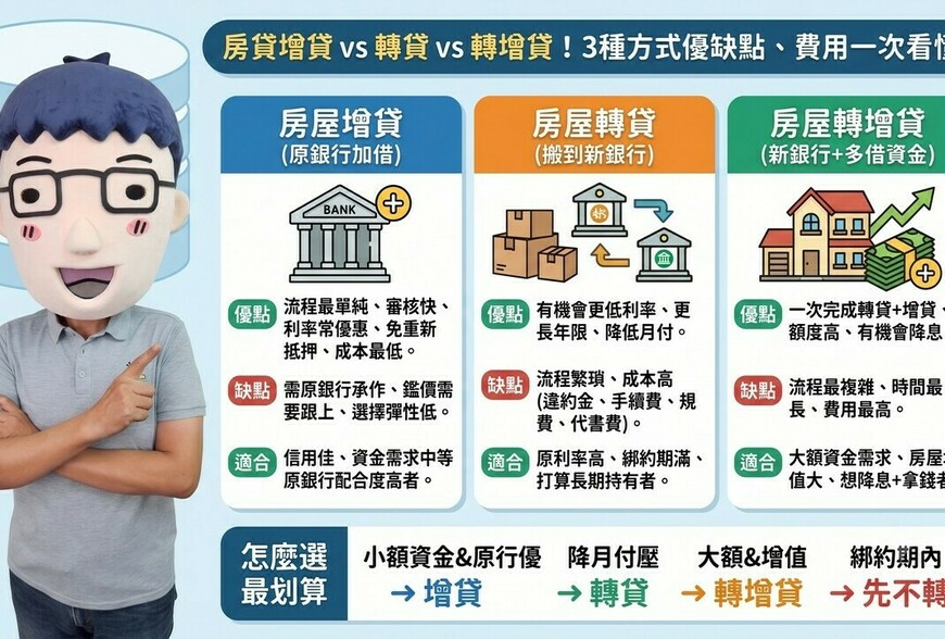 房貸增貸 vs 轉貸 vs 轉增貸！3種方式優缺點、費用一次看懂