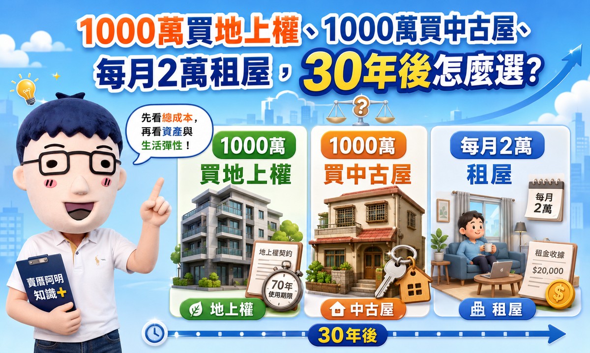 1000萬買地上權、1000萬買中古屋、每月2萬租屋，30年後怎麼選？