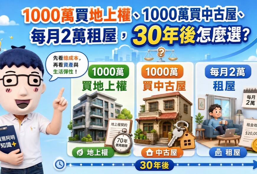 1000萬買地上權、1000萬買中古屋、每月2萬租屋，30年後怎麼選？