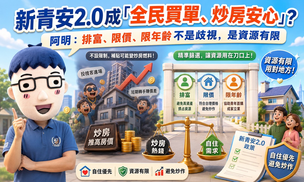 新青安2.0恐成「全民買單、炒房安心」？阿明：排富、限價、限年齡不是歧視，是資源有限