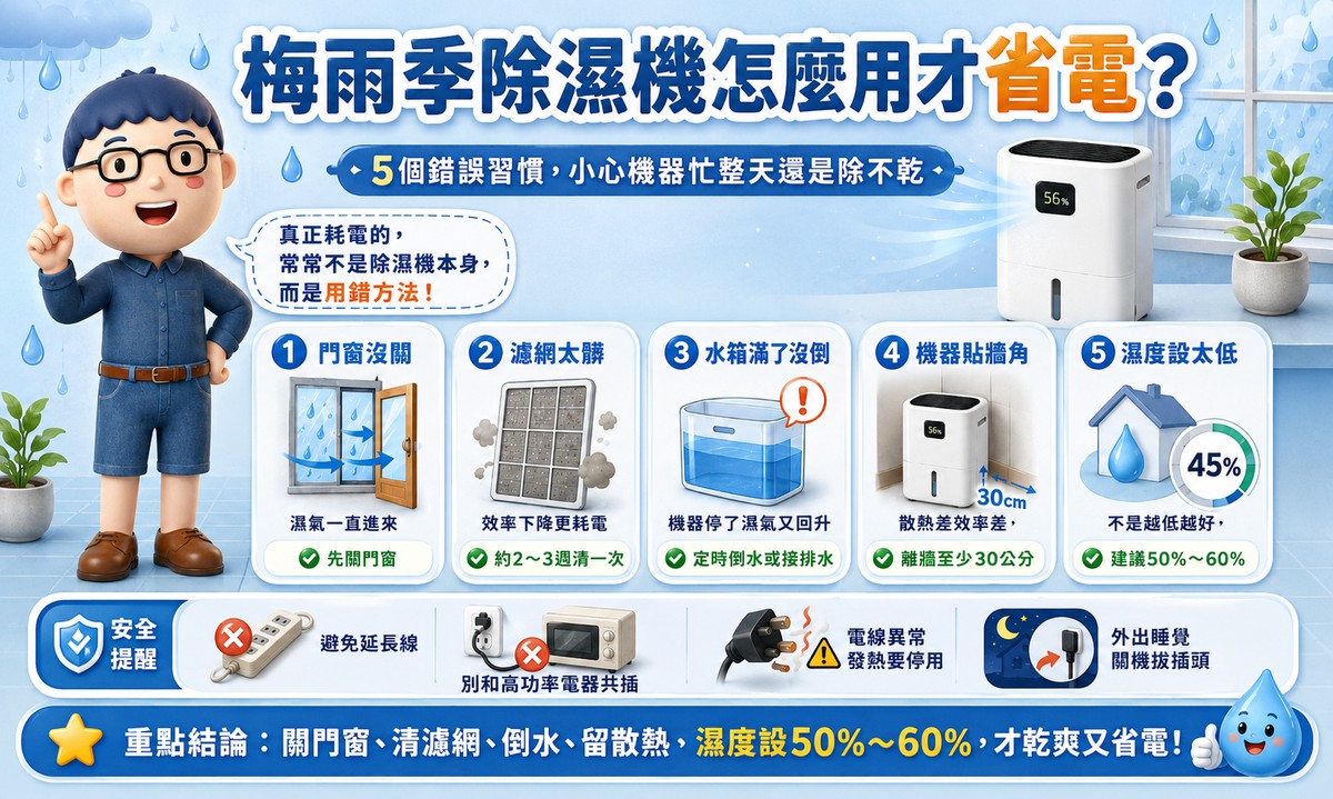 梅雨季除濕機怎麼用才省電？五個錯誤習慣，小心機器忙整天還是除不乾