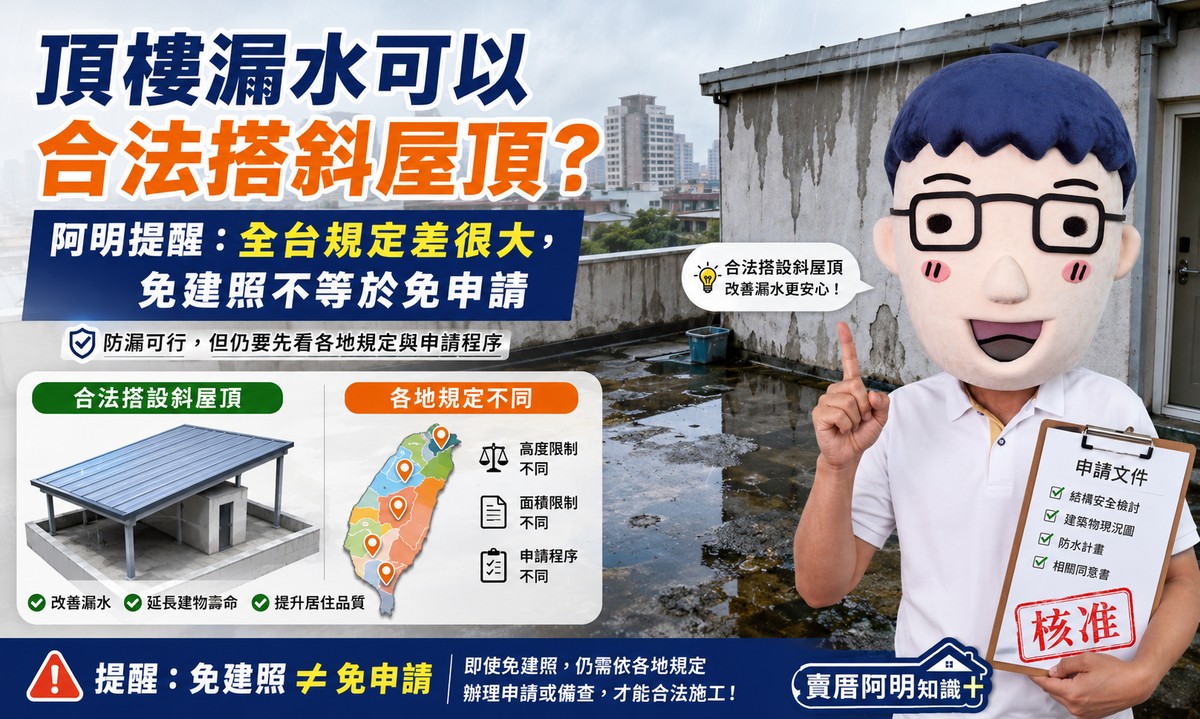 頂樓漏水可以合法搭斜屋頂？阿明提醒：全台規定差很大，免建照不等於免申請