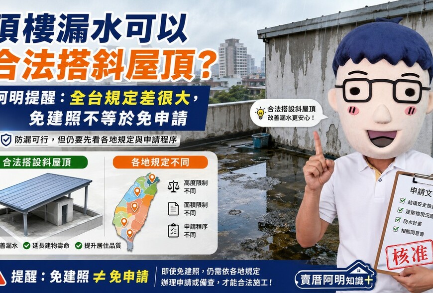 頂樓漏水可以合法搭斜屋頂？阿明提醒：全台規定差很大，免建照不等於免申請