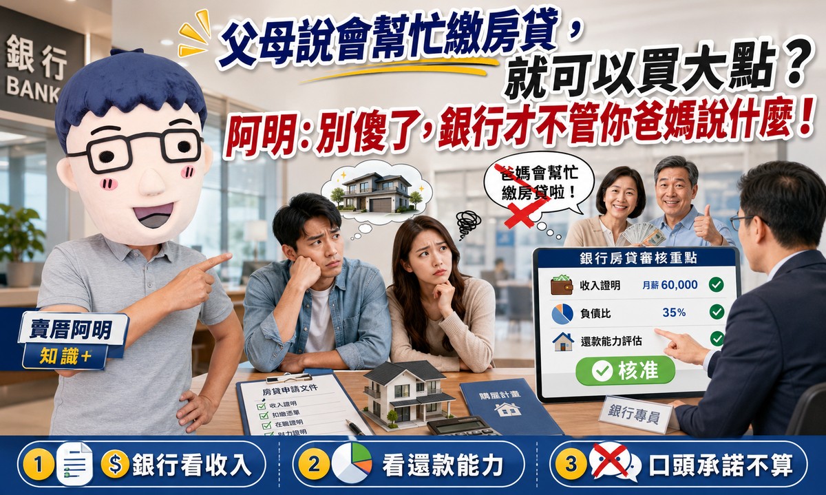 父母說會幫忙繳房貸，就可以買大一點？阿明：別傻了，銀行才不管你爸媽說什麼！