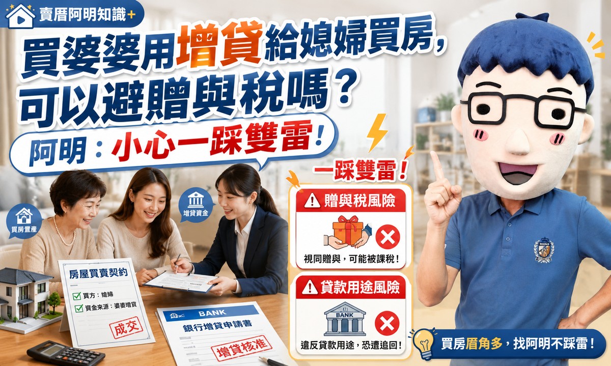 婆婆用增貸給媳婦買房，可以避贈與稅嗎？阿明：小心一踩雙雷