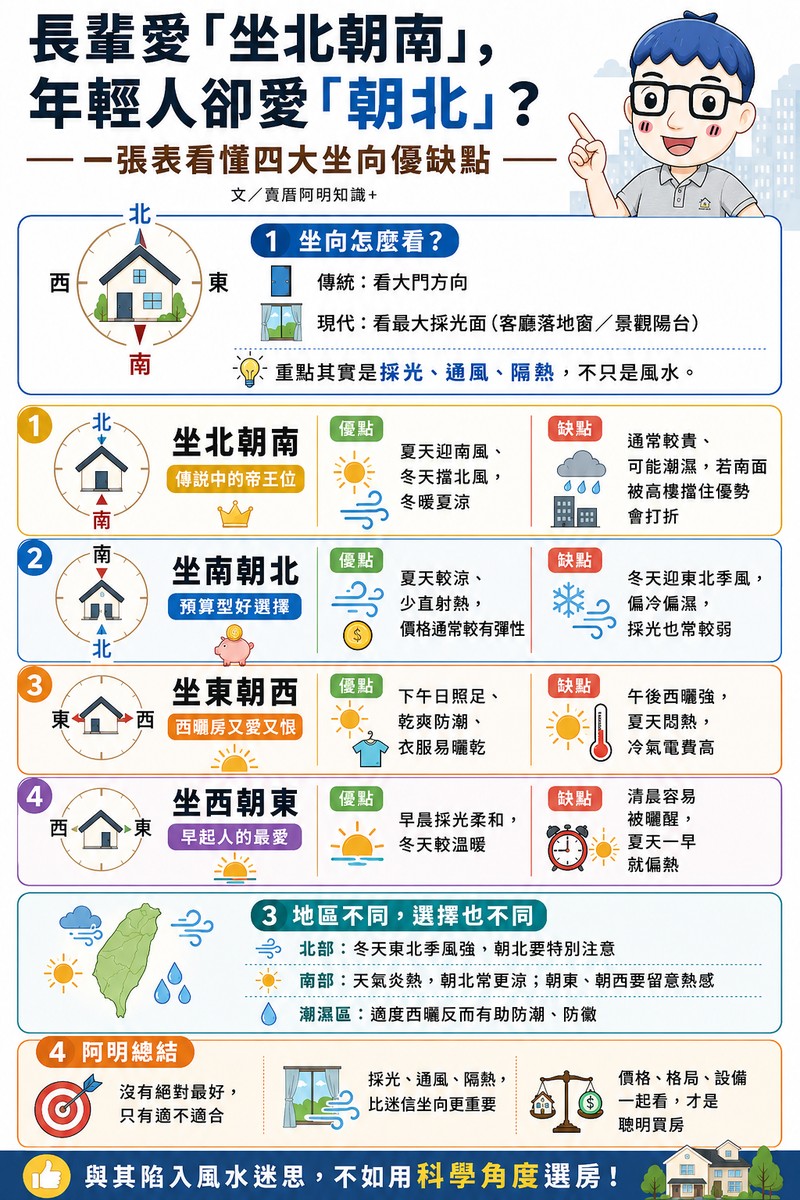 長輩堅持「坐北朝南」，年輕人卻愛「朝北」？一張表看懂四大坐向優缺點