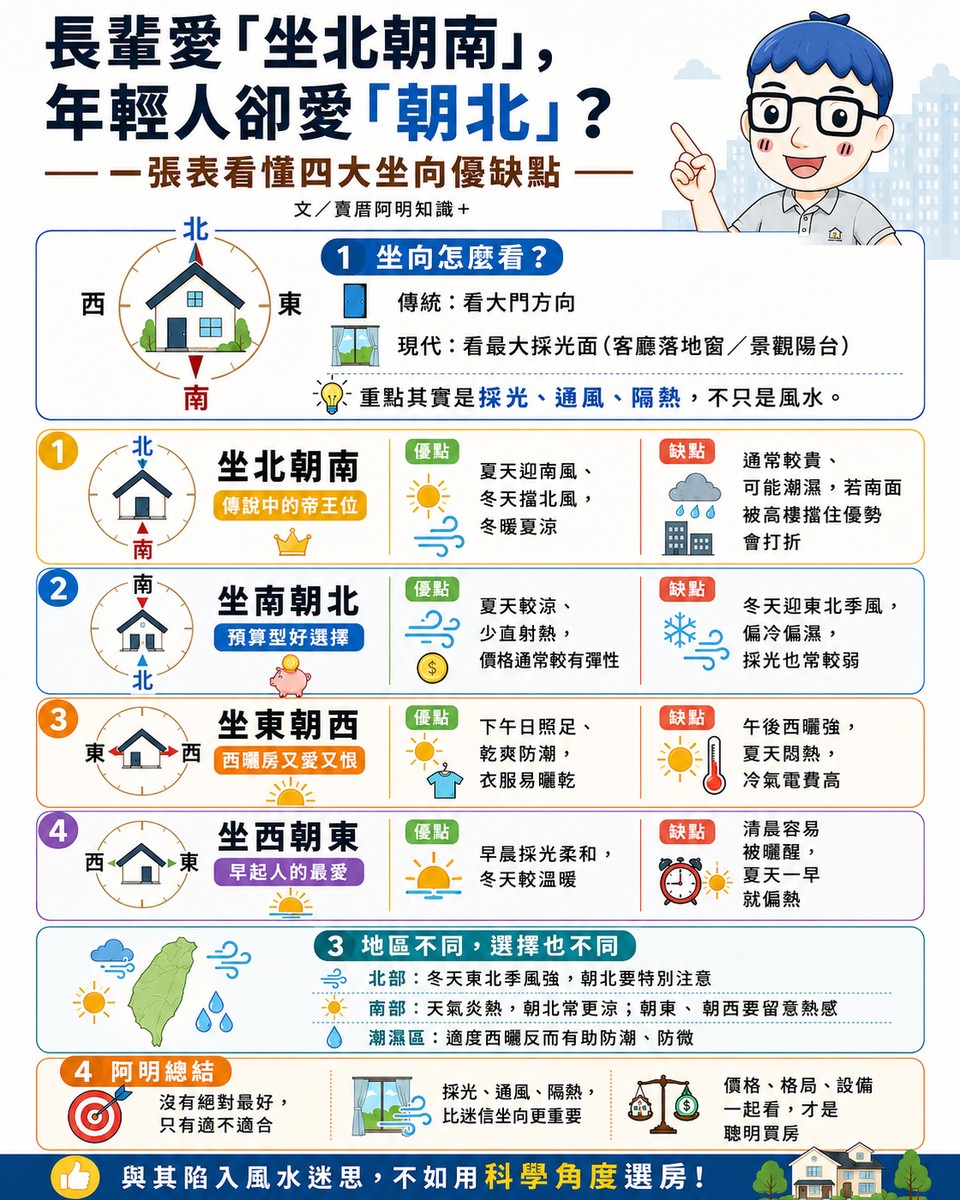 長輩堅持「坐北朝南」，年輕人卻愛「朝北」？一張表看懂四大坐向優缺點