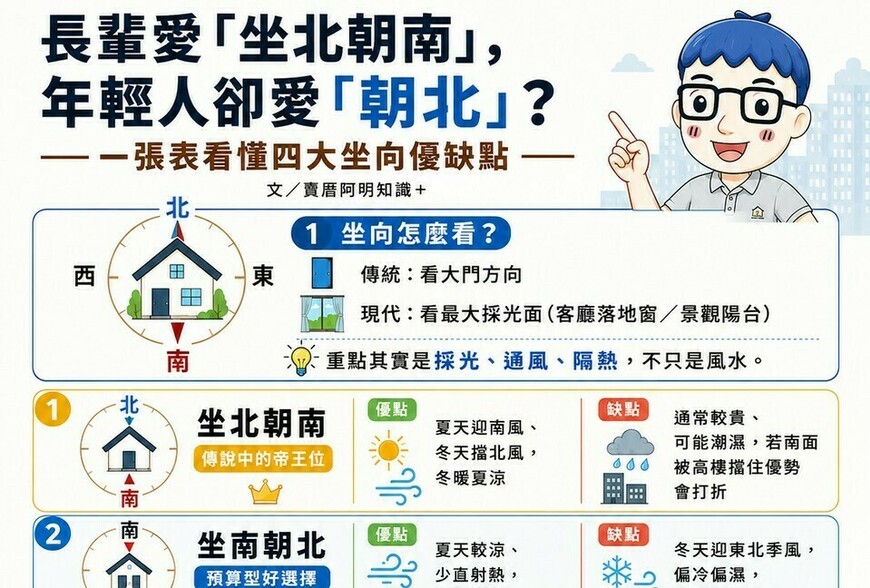 長輩堅持「坐北朝南」，年輕人卻愛「朝北」？一張表看懂四大坐向優缺點