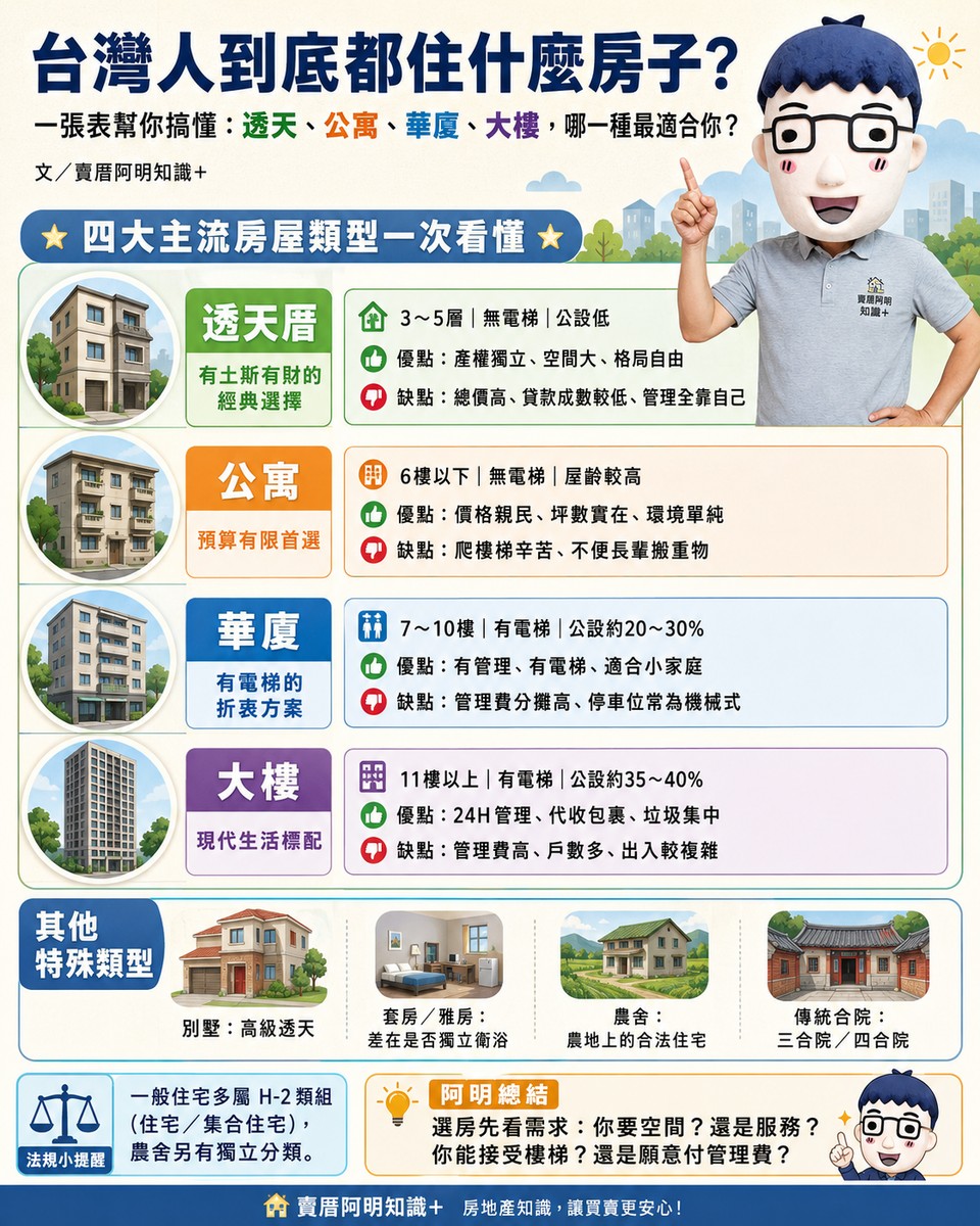 台灣人都住什麼房子？賣厝阿明一張表幫你搞懂：透天、公寓、華廈、大樓，哪一種最適合你？