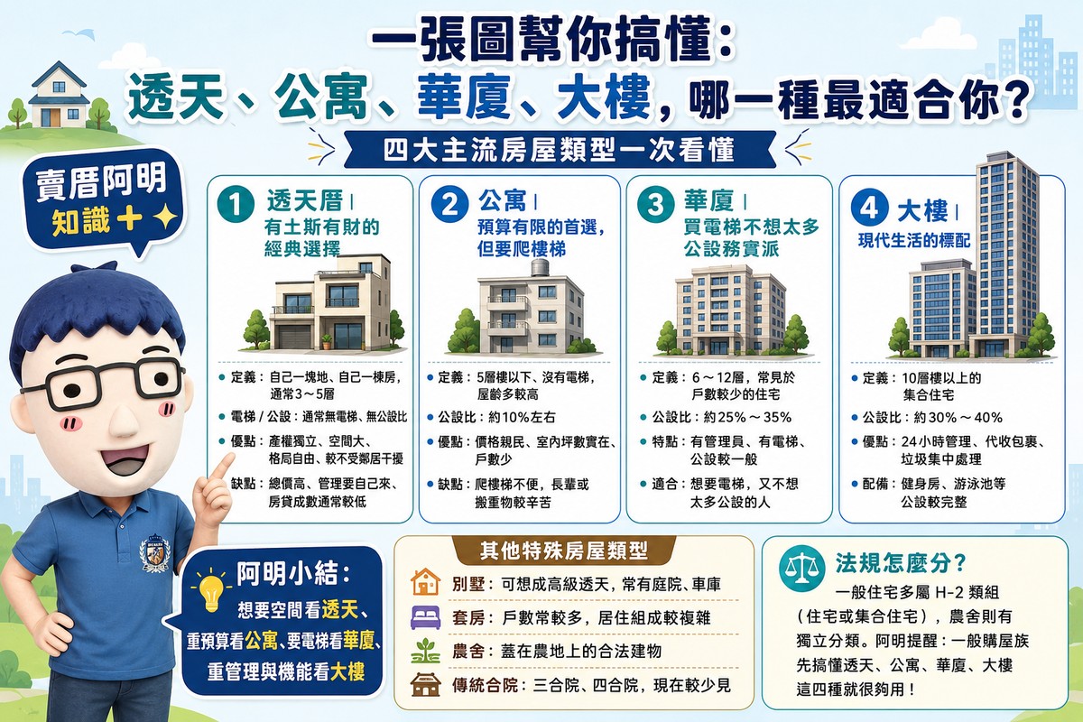一張圖幫你搞懂：透天、公寓、華廈、大樓，哪一種最適合你？