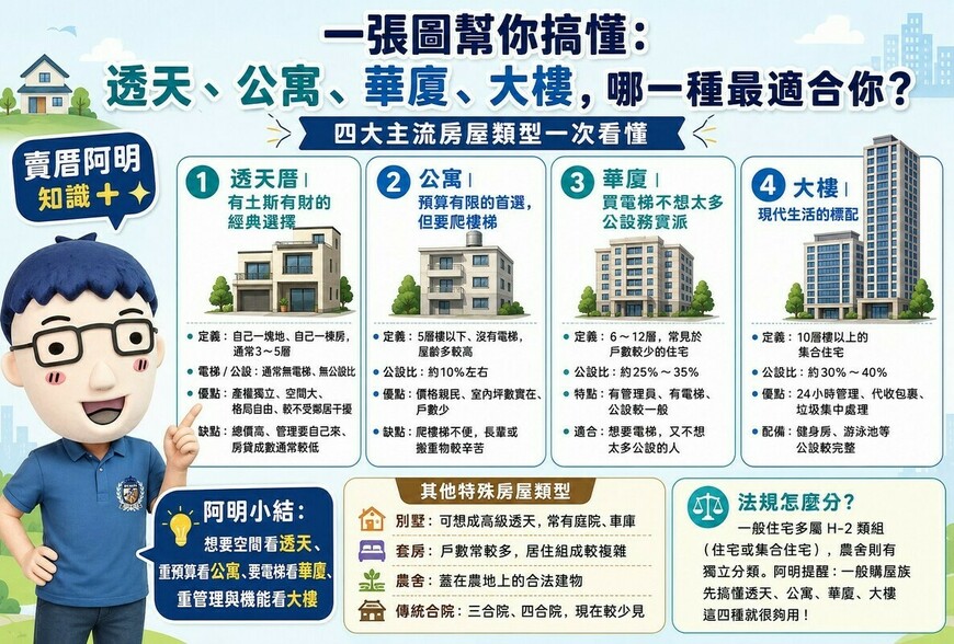 一張圖幫你搞懂：透天、公寓、華廈、大樓，哪一種最適合你？