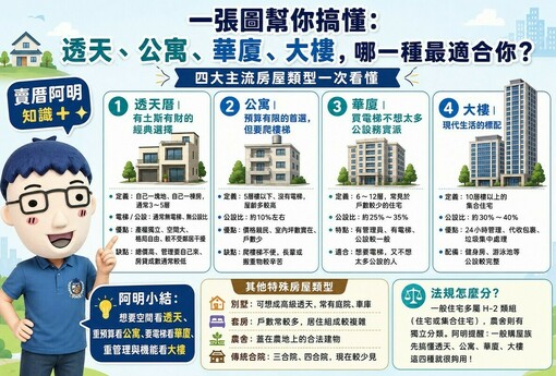 一張圖幫你搞懂：透天、公寓、華廈、大樓，哪一種最適合你？