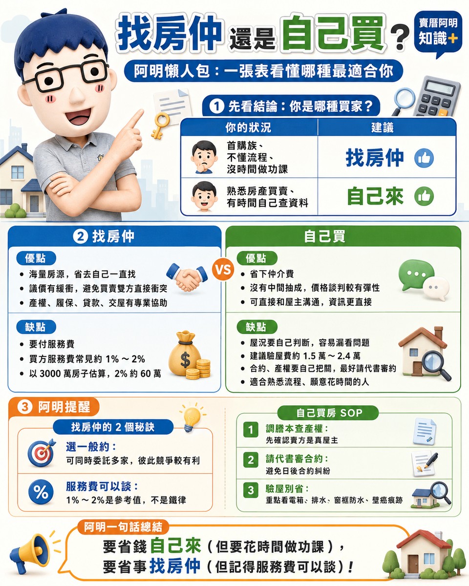 找房仲還是自己買？阿明懶人包：一張表看懂哪種最適合你