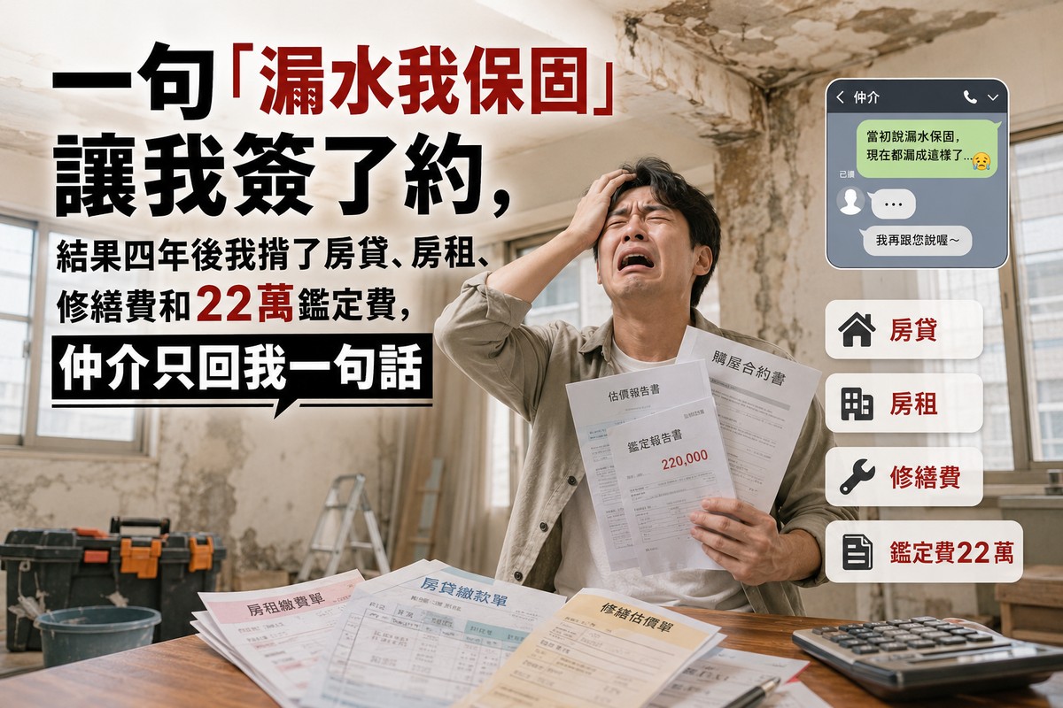 一句「漏水我保固」讓我簽了約，結果四年後我揹了房貸、房租、修繕費和22萬鑑定費，仲介只回我一句話