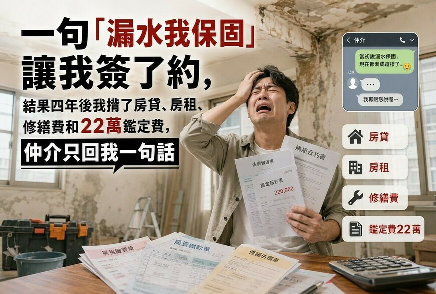 一句「漏水我保固」讓我簽了約，結果四年後我揹了房貸、房租、修繕費和22萬鑑定費，仲介只回我一句話