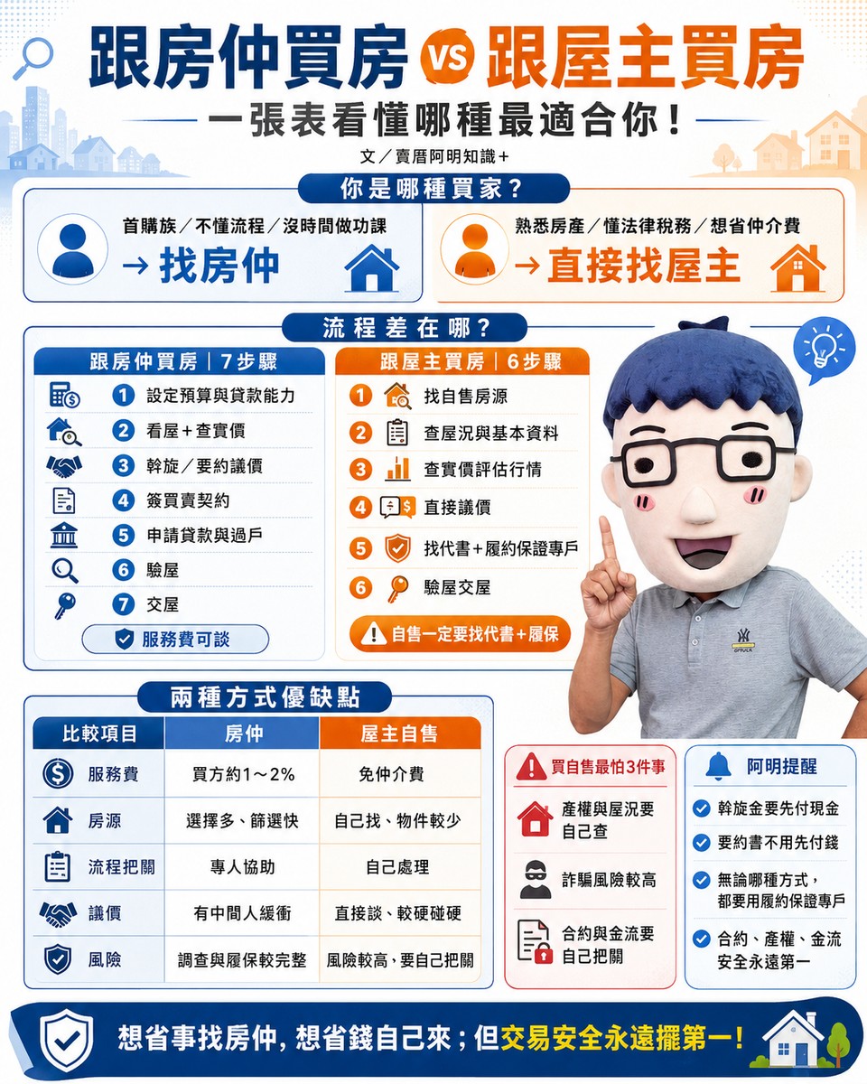 跟房仲買房 vs 跟屋主買房，流程差在哪？一張圖看懂哪種最適合你！