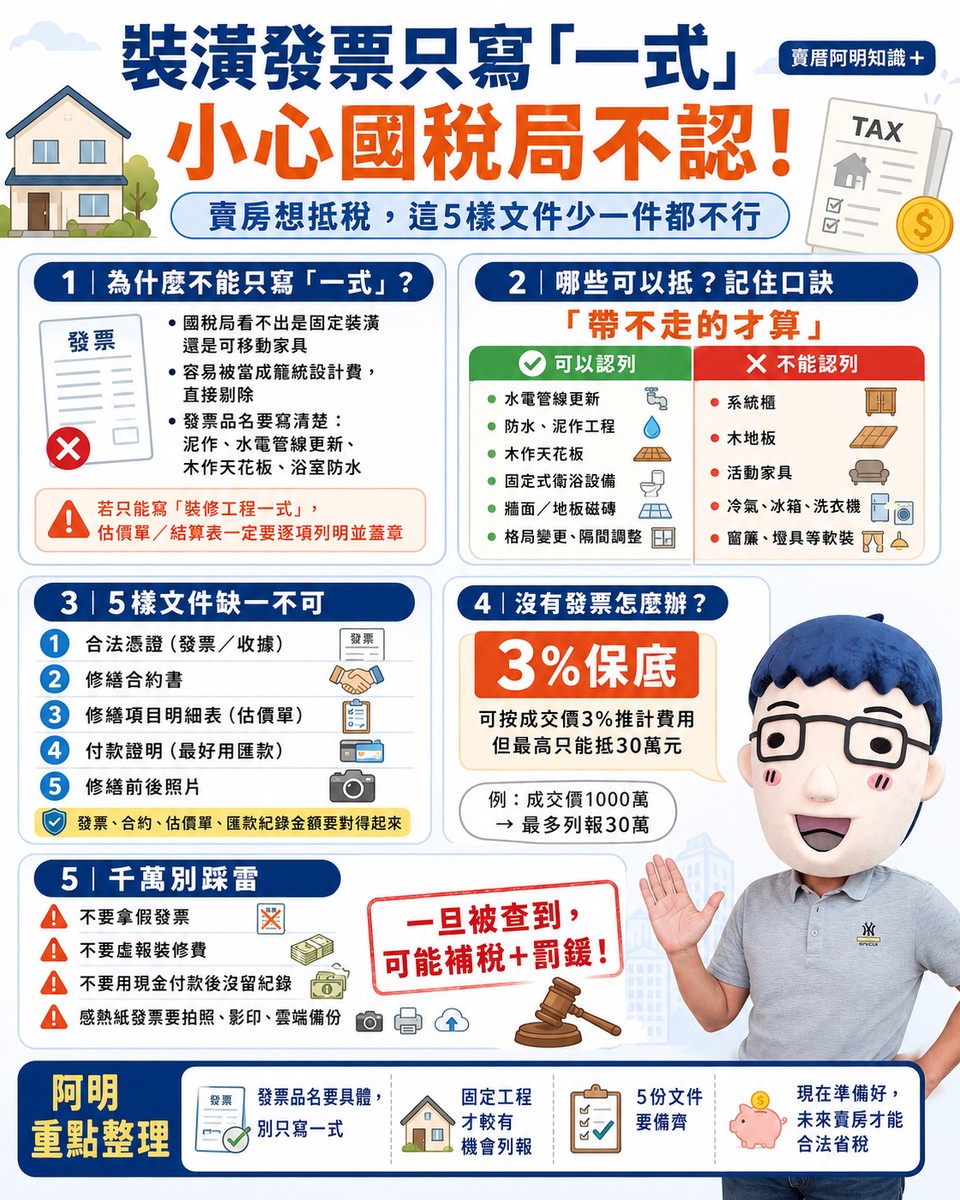 裝潢發票只寫「一式」小心國稅局不認！賣房想抵稅，這5樣文件少一件都不行｜賣厝阿明知識＋