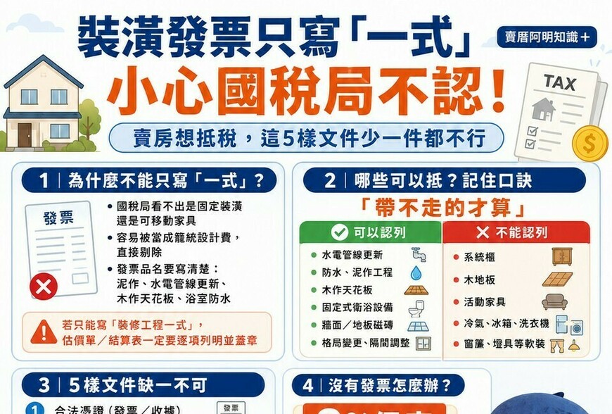 裝潢發票只寫「一式」小心國稅局不認！賣房想抵稅，這5樣文件少一件都不行｜賣厝阿明知識＋