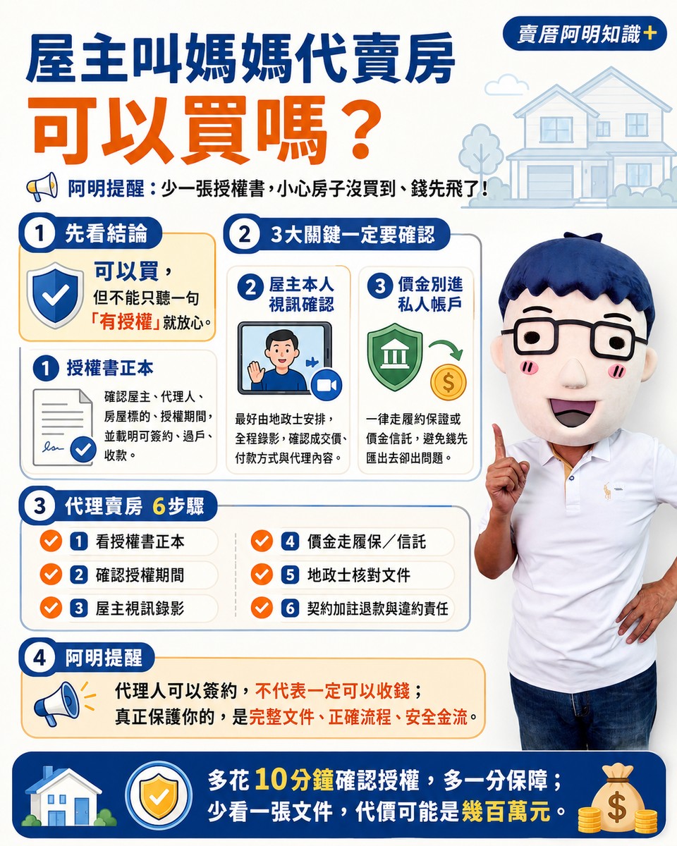 屋主叫媽媽代賣房可以買嗎？阿明提醒：少一張授權書，小心房子沒買到、錢先飛了！