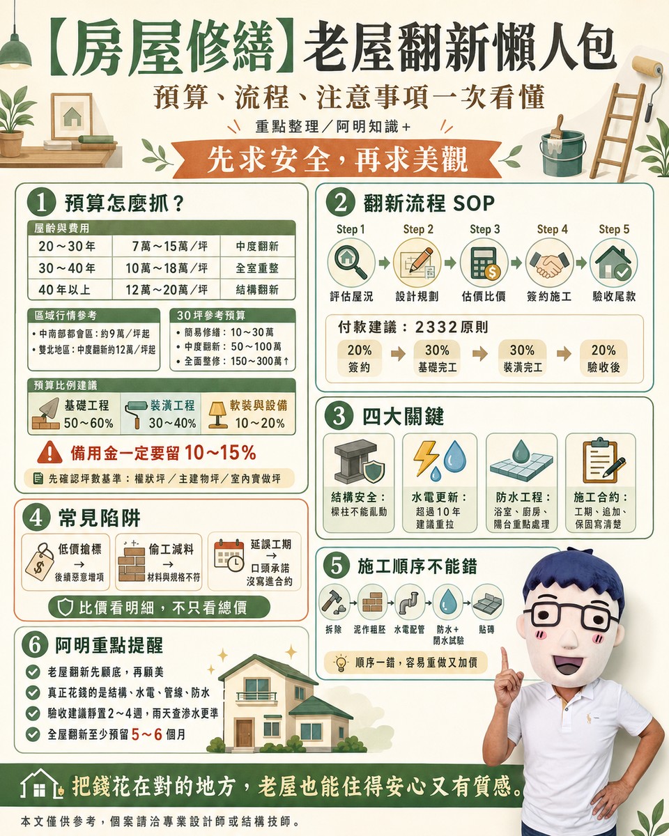 老屋翻新懶人包｜預算怎麼抓？施工順序、合約與驗收一次看懂