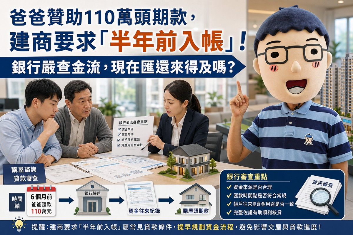 爸爸贊助110萬頭期款,建商要求「半年前入帳」!銀行嚴查金流,現在匯還來得及嗎?