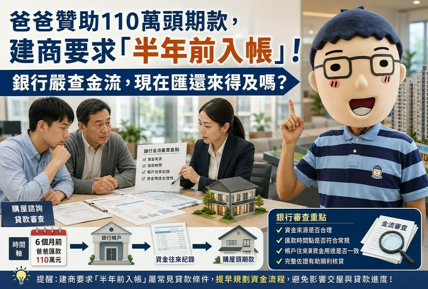 爸爸贊助110萬頭期款，建商要求「半年前入帳」！銀行嚴查金流，現在匯還來得及嗎？