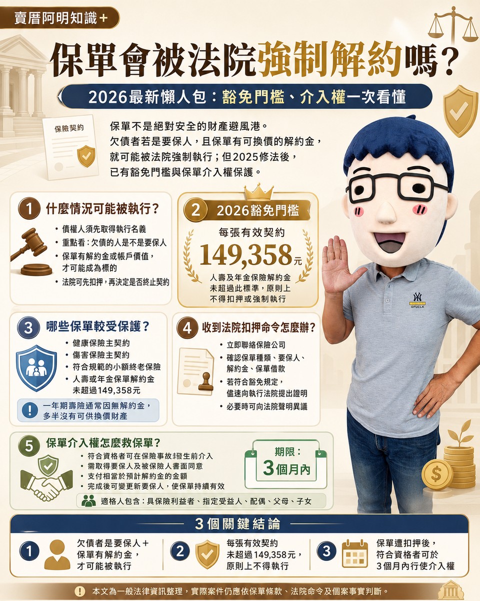 保單會被法院強制解約嗎？ 2026最新懶人包：豁免門檻、介入權一次看懂