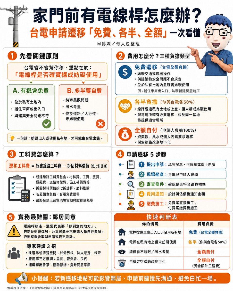 懶人包》家門前有電線桿怎麼辦？台電申請遷移「免費、各半、全額」一次看懂