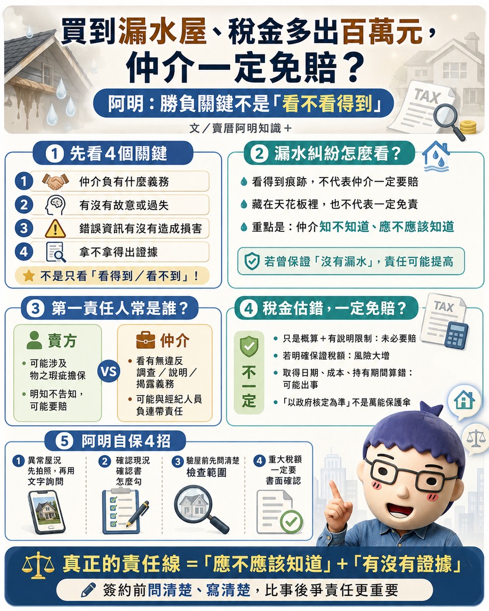 買到漏水屋、稅金多出百萬元，仲介一定免賠？阿明：勝負關鍵不是「看不看得到」