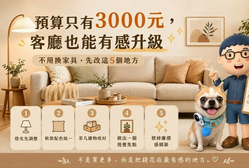 預算只有3000元，客廳也能有感升級！不用換家具，先改這5個地方