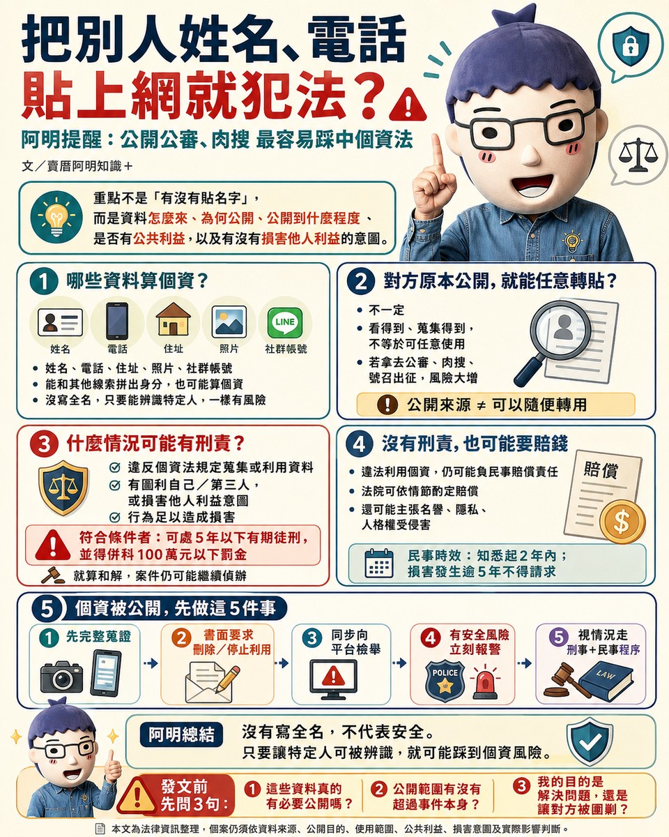 把別人姓名、電話貼上網就犯法？阿明提醒：公開公審、肉搜最容易踩中個資法