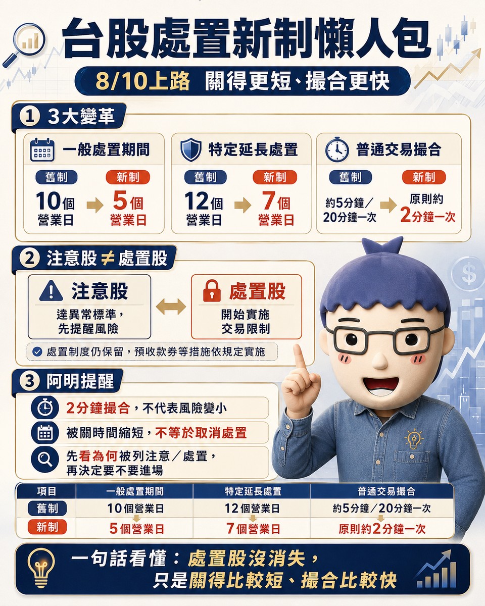 台股「關禁閉」大改版！8月10日處置新制上路　10天砍半、5分鐘撮合縮至2分鐘