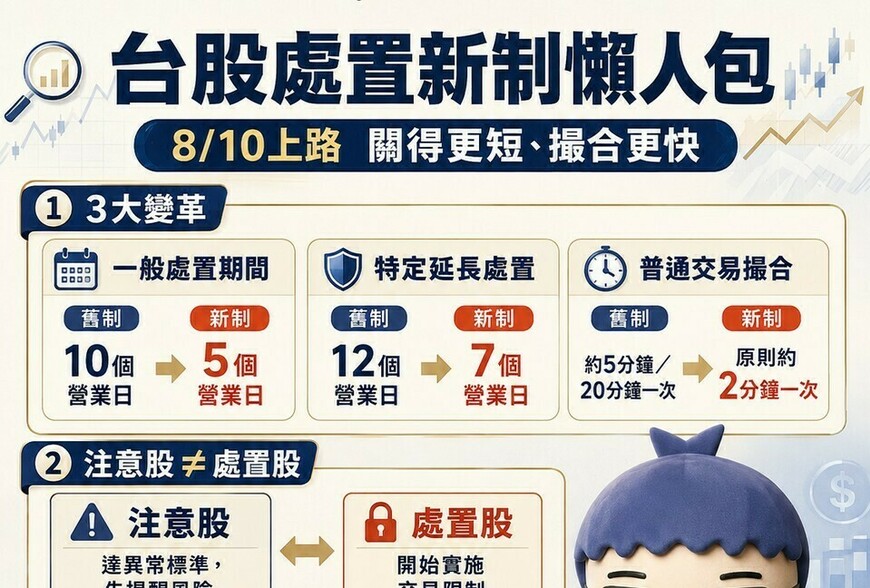台股「關禁閉」大改版！8月10日處置新制上路　10天砍半、5分鐘撮合縮至2分鐘