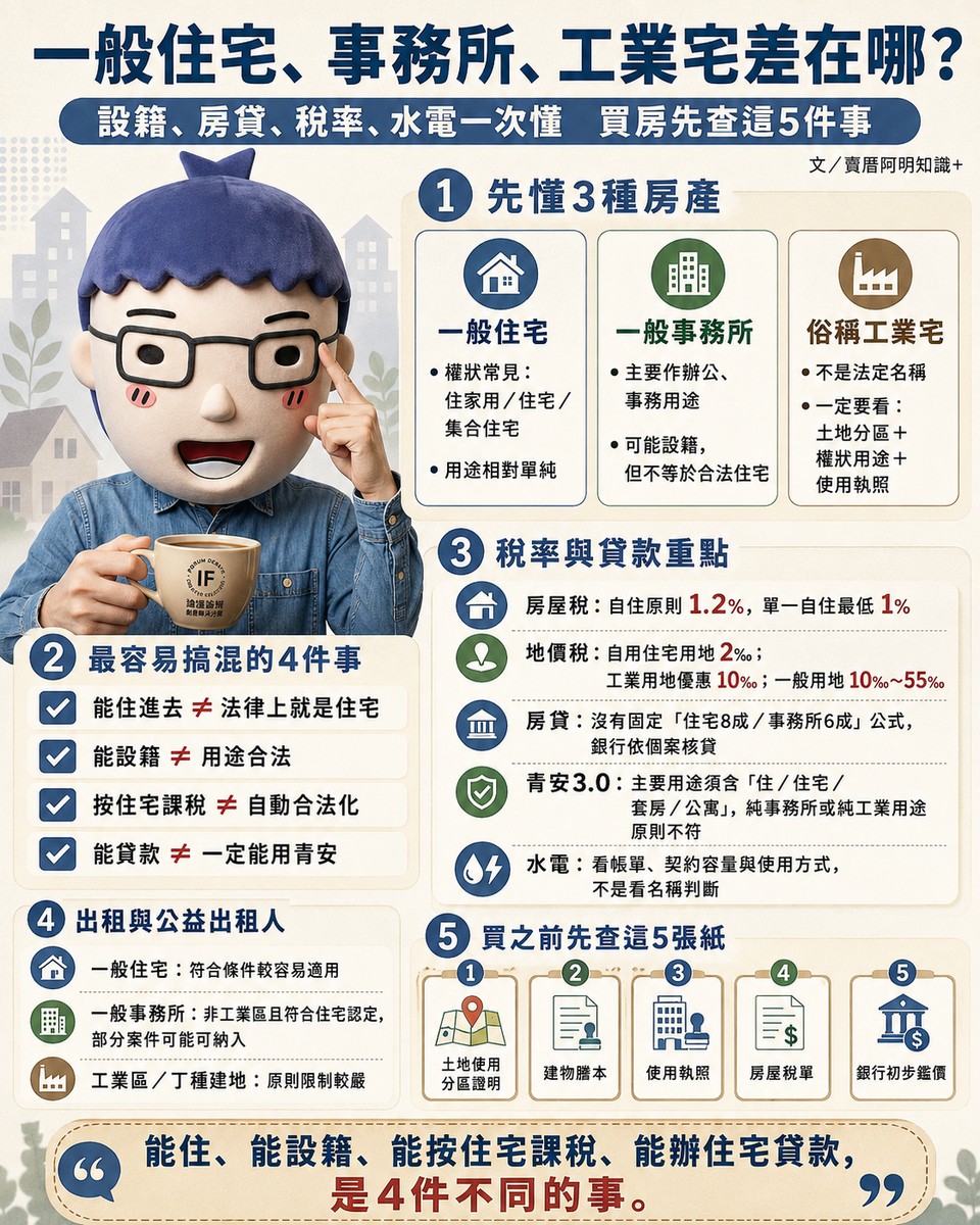 一般住宅、事務所、工業宅差在哪？設籍、房貸、稅率、水電一次懂　買房先查這5件事