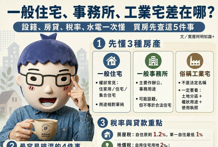 一般住宅、事務所、工業宅差在哪？設籍、房貸、稅率、水電一次懂　買房先查這5件事