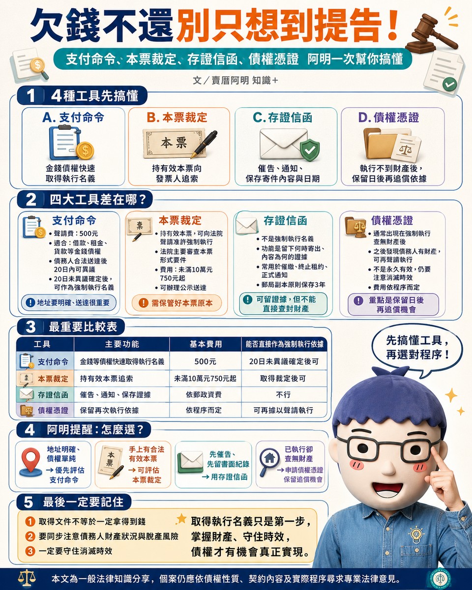 欠錢不還別只想到提告！支付命令、本票裁定、存證信函、債權憑證　阿明一次幫你搞懂