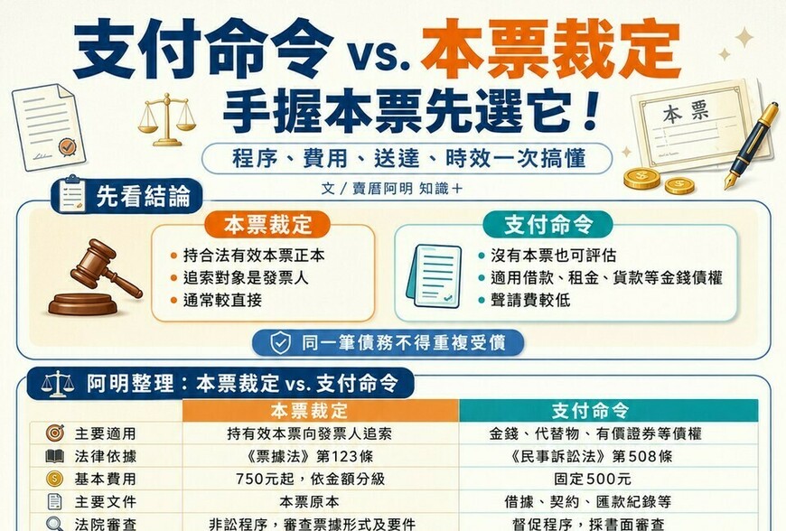 支付命令 vs. 本票裁定 懶人包》手握本票先選它！程序、費用、時效一次搞懂，別再傻傻送錯件