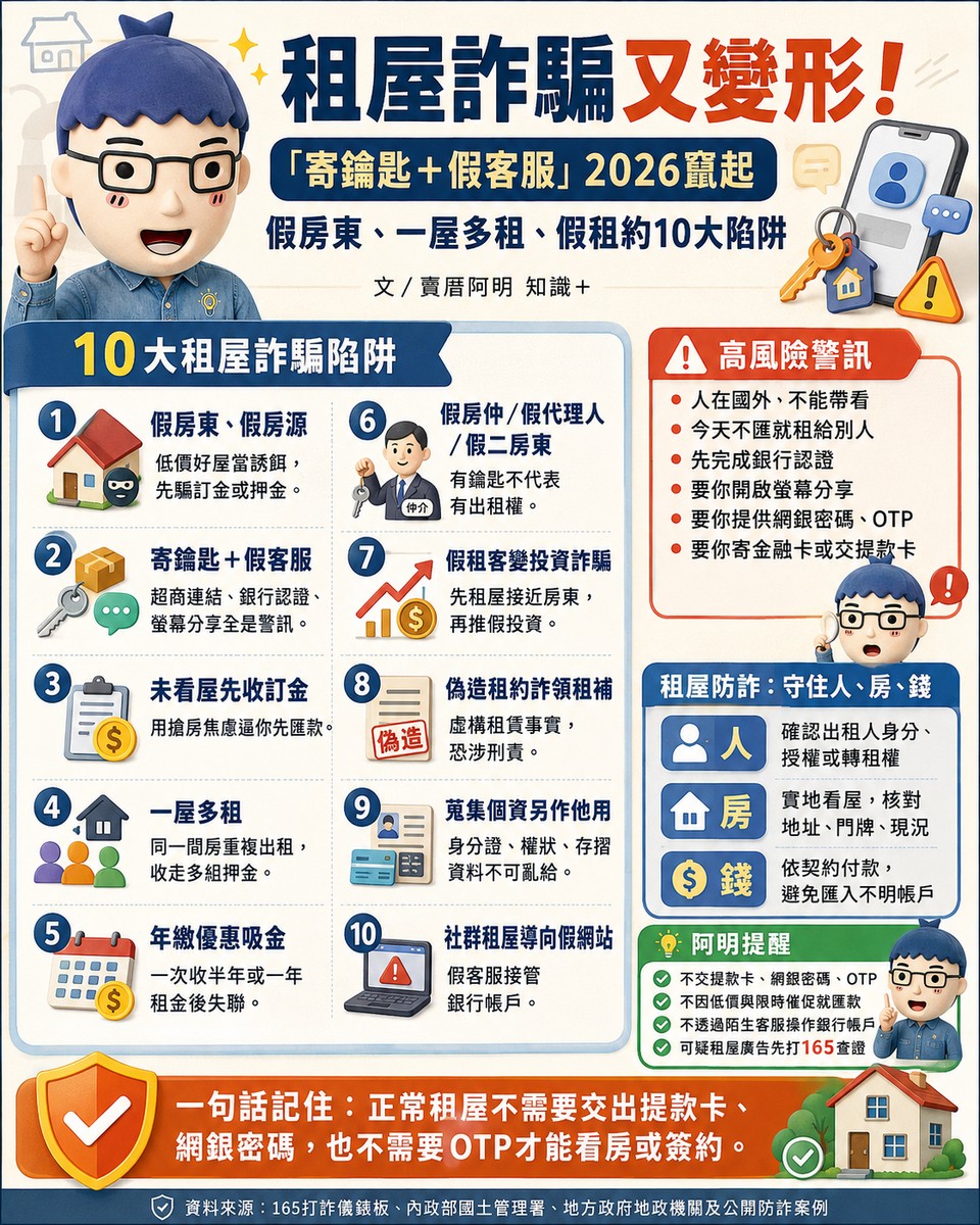 租屋詐騙又變形！「寄鑰匙＋假客服」2026竄起　假房東、一屋多租、假租約10大陷阱