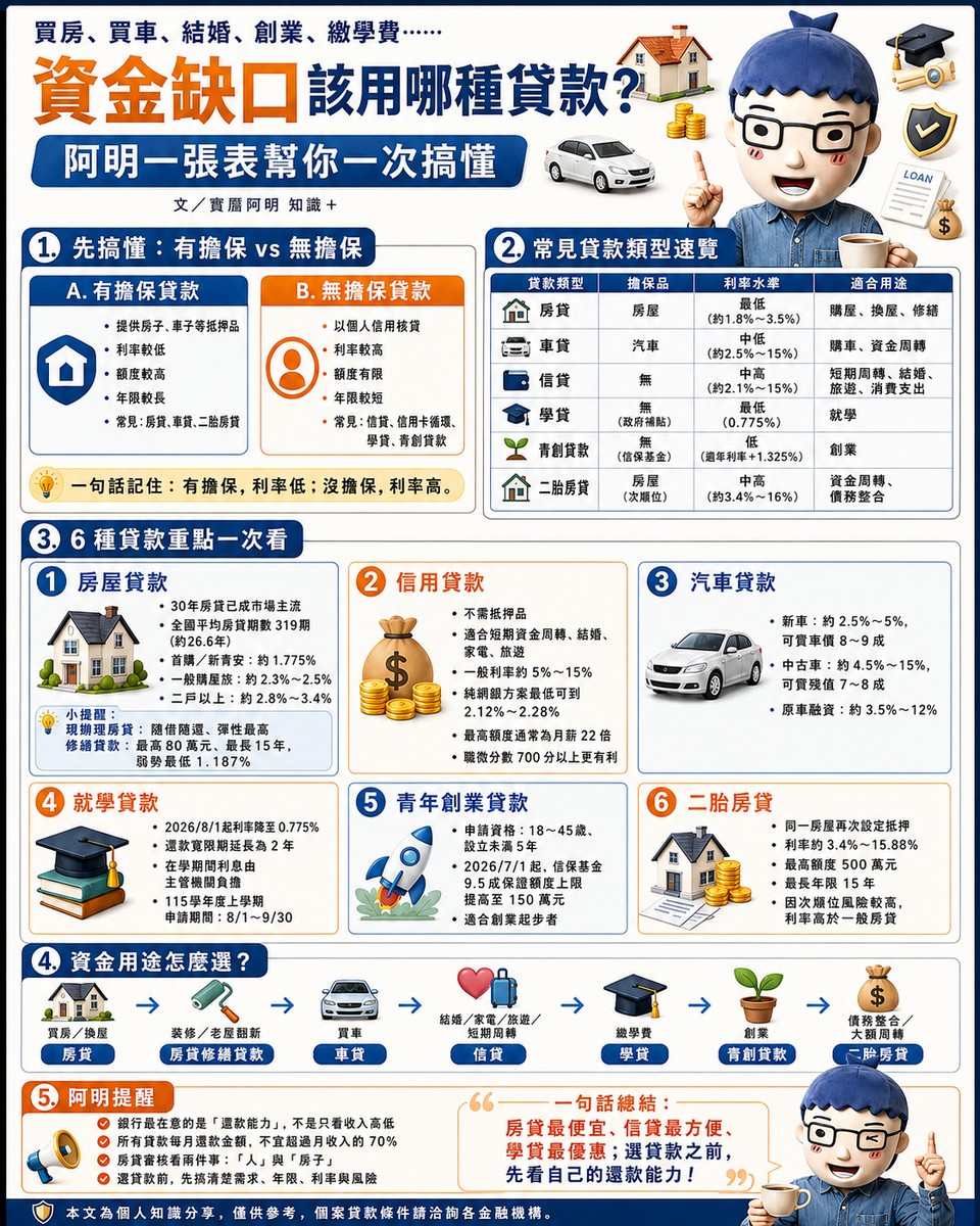 買房、買車、結婚、創業、繳學費⋯⋯資金缺口該用哪種貸款？阿明一張表幫你一次搞懂