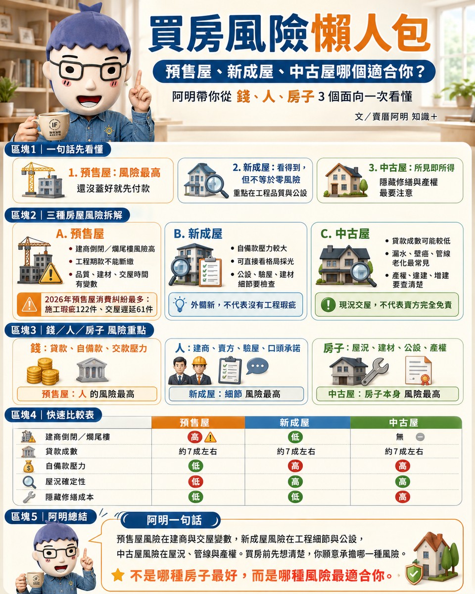 買房風險懶人包》預售屋、新成屋、中古屋哪個適合你？阿明幫你拆解三大風險，買房不踩雷