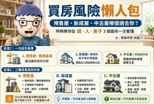 買房風險懶人包》預售屋、新成屋、中古屋哪個適合你？阿明幫你拆解三大風險，買房不踩雷