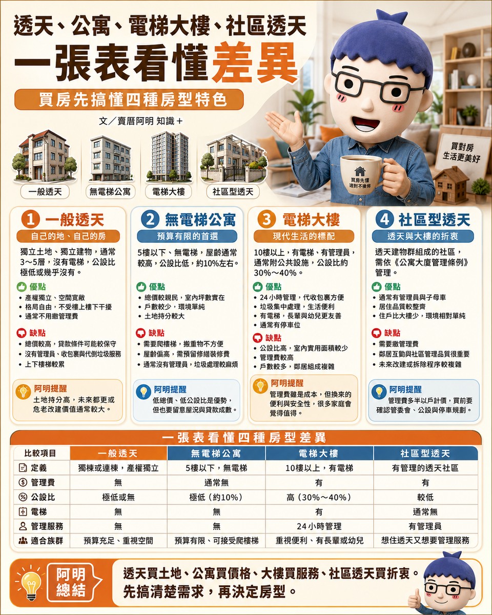 透天、公寓、電梯大樓、社區透天 阿明一張表幫你搞懂差異！買房先看這篇