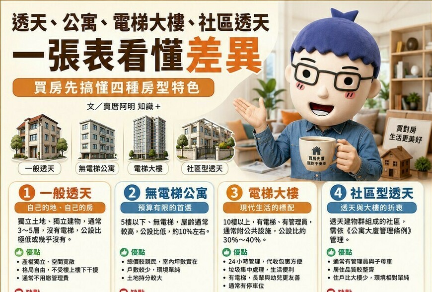 透天、公寓、電梯大樓、社區透天 阿明一張表幫你搞懂差異！買房先看這篇