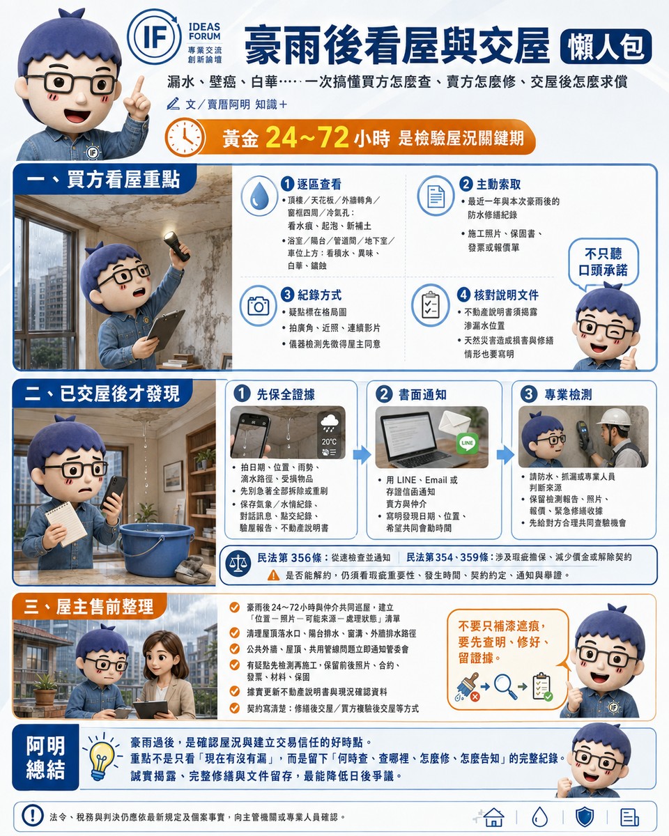 豪雨後看屋與交屋 懶人包》漏水、壁癌、白華⋯⋯一次搞懂買方怎麼查、賣方怎麼修、交屋後怎麼求償