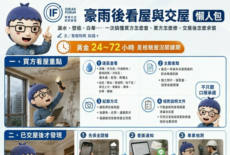 豪雨後看屋與交屋 懶人包》漏水、壁癌、白華⋯⋯一次搞懂買方怎麼查、賣方怎麼修、交屋後怎麼求償