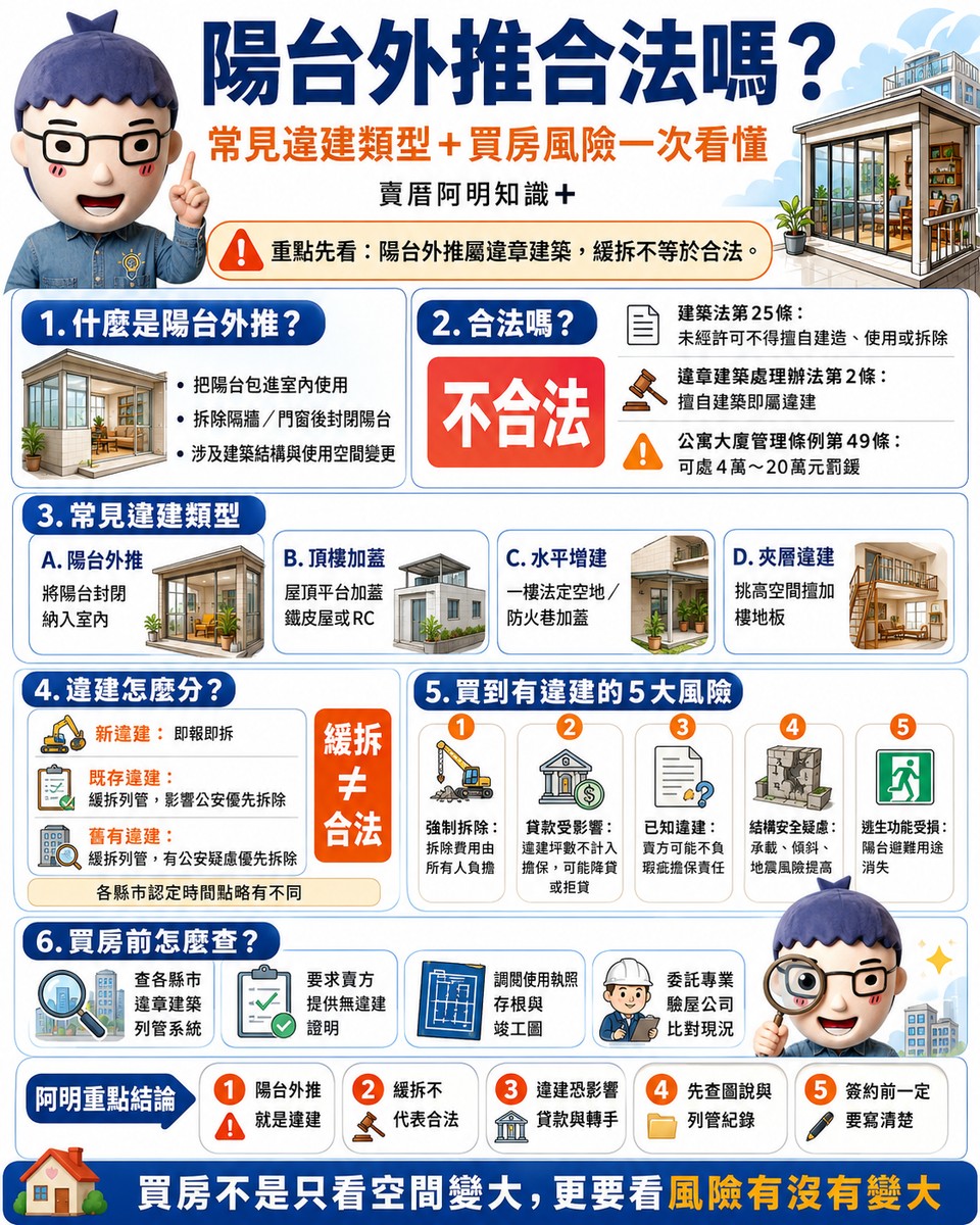 陽台外推合法嗎？常見違建類型＋買房風險一次看懂！