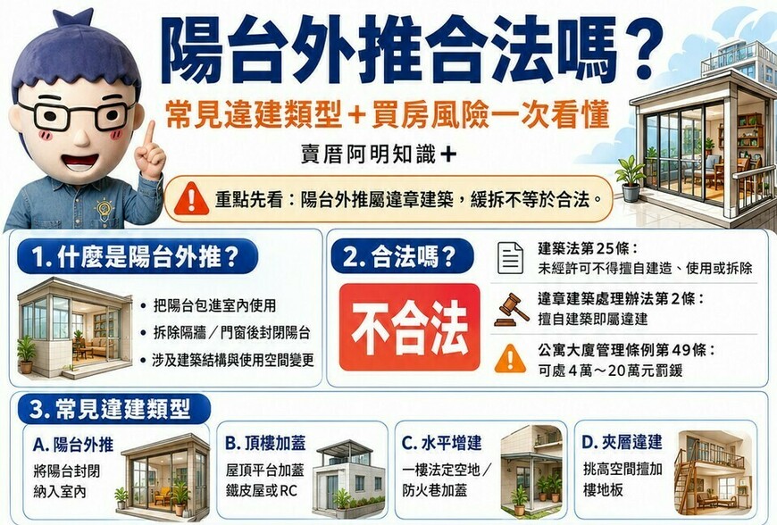 陽台外推合法嗎？常見違建類型＋買房風險一次看懂！