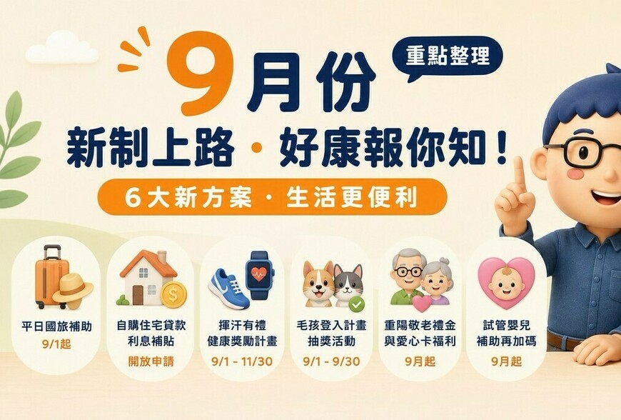 9月新制上路！國旅、房貸、運動、毛孩到試管補助，6項生活方案一次看