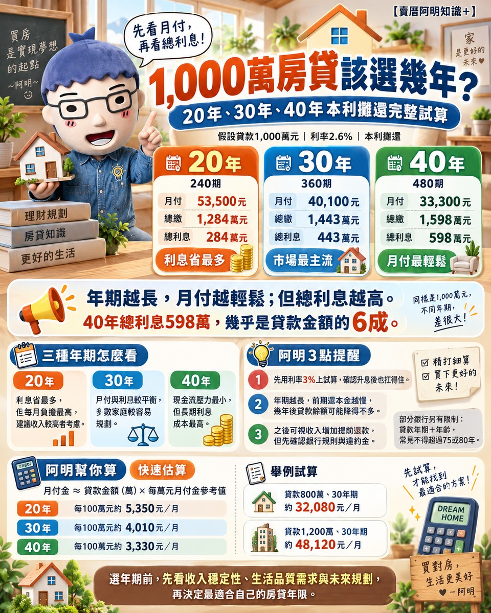 1,000萬房貸該選幾年？20年、30年、40年本利攤還試算懶人包